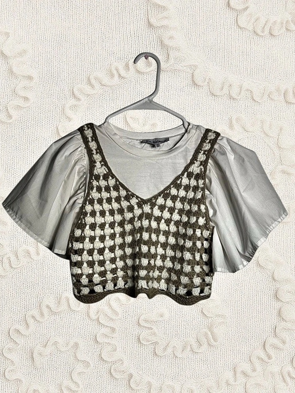 En Saison Checkered Cropped Top in White & Green Size XS